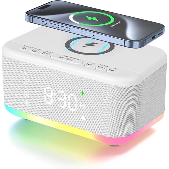Wireless Charging Alarm Clock Bedroom, Loud Digital Alarm Clocks Bedrooms, Alarm Clock Night Light Speaker 8W Snooze Dual Alarm 12/24H Adjustable Brightness Dimmer Bluetooth, Grey