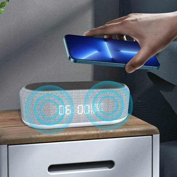 Wireless Charging Alarm Clock, Bluetooth Speaker Digital Clock Temperature Display Night Light Phone Charger Station With Alarm Function And Brightness Adjustment, for Bedroom Office Home Use