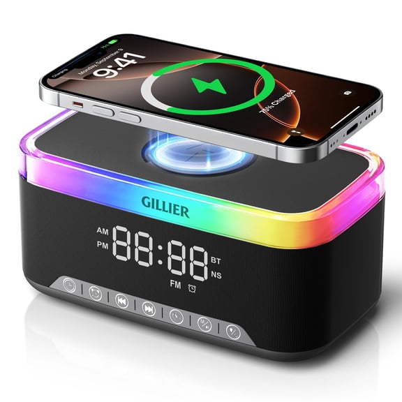 Wireless Charging Alarm Clock Radio 15W Fast Charging Station for iPhone Samsung,10W Bluetooth Speaker, FM Clock Radio, Dimmable Digital Alarm Clocks for Bedrooms, USB Port, Black