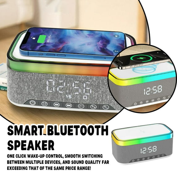 Wireless Charging Alarm Clock Radio For Bedrooms–15W Fast Wireless Charger For Phone-Stereo Bluetooth Speaker With FM Radio, Dimmable Display,Sleep Timer, Gifts (White)