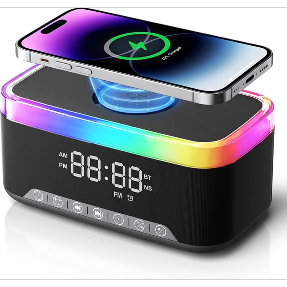 Wireless Charging Alarm Clock Radio for Bedrooms 15W Fast Wireless Charger Station for iPhone/Samsung, Bluetooth Stereo Speaker with FM Radio, Dimmable Display, USB Port, Sleep Timer, Black