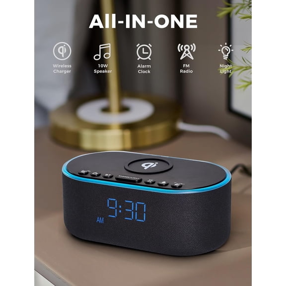 Wireless Charging Alarm Clock Radio: Qi Certified Fast Wireless Charger for - 10W Stereo Speaker - Dimmable Digital Clock with FM Radio for Bedroom Black