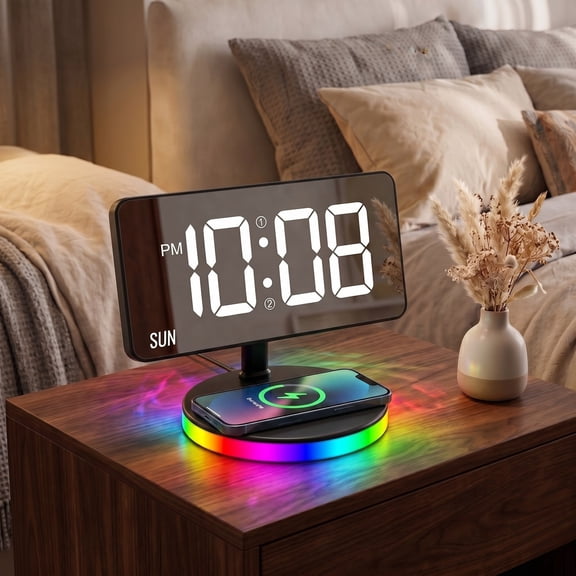 Wireless Charging Alarm Clock with Mirror Display, 15W Qi, RGB Night Light, Day Display - Black