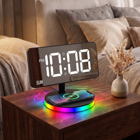 Kohan26 Digital Modern Alarm Clocks, Wireless Charging, Mirror Display, 15W Qi, RGB Night Light, Day Display