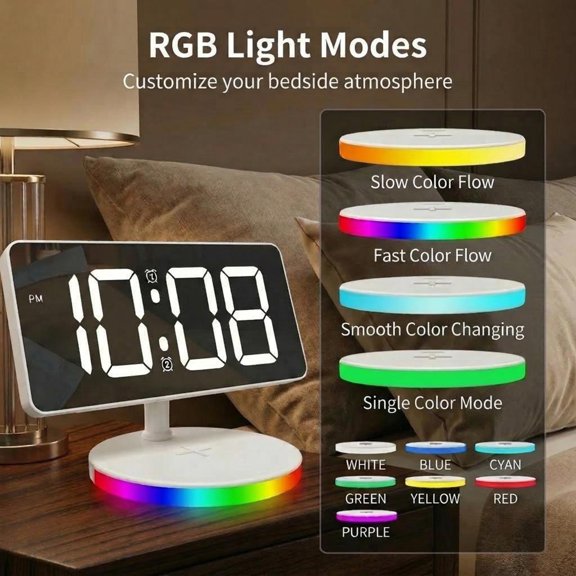 Wireless Charging Alarm Clock with Mirror Display, 15W Qi, RGB Night Light