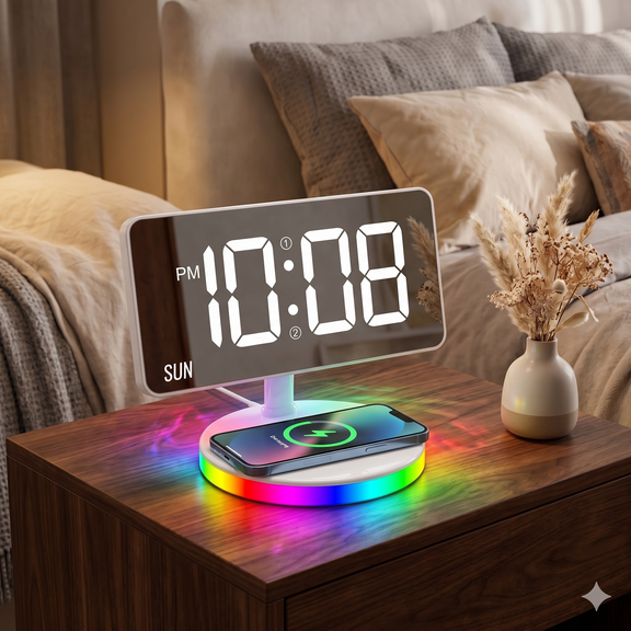 Wireless Charging Alarm Clock with Mirror Display, 15W Qi, RGB Night Light