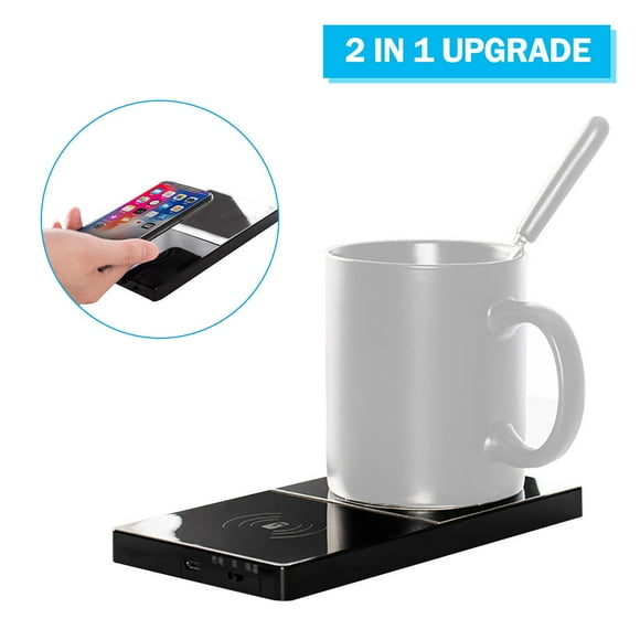 Wireless Charging Cup Warmer & Phone Charger 2-in-1 | Fast Heating Mug Warmer for Office & Home | Works with Glass, Stainless Steel & Ceramic Cups | Overheat Protection | Compact Design | Gift Ready