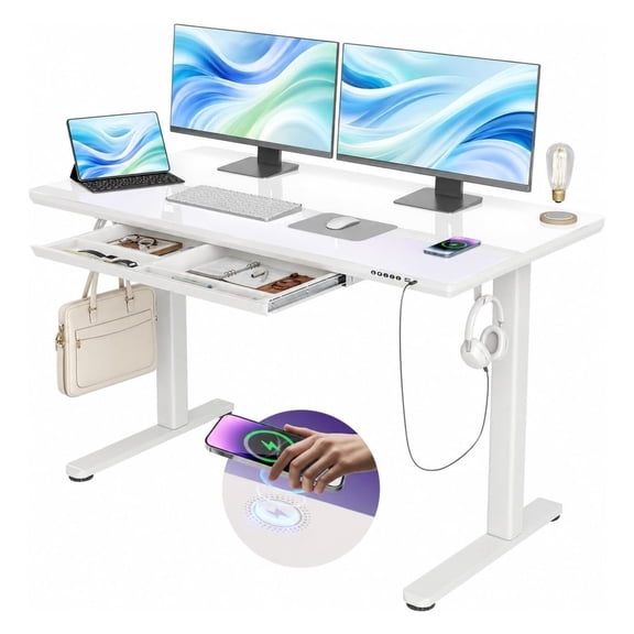 Wireless Charging Glass Standing Desk with Drawer 55 Inch Super White Height Adjustable Computer Workstation with Type C Port Steel Frame for Home Office