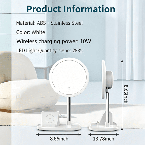 ugooelftek Wireless Charging LED Vanity Makeup Mirror with Detachable 10X Magnifying Mirror