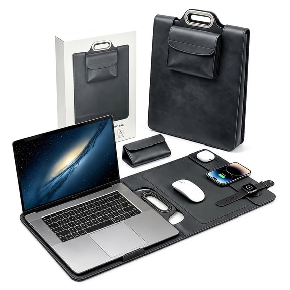 Wireless Charging Laptop Bag, All-in-One Mobile Workstation Sleeve with Stand and Mouse Pad for 15.6-Inch Laptops