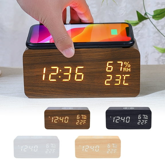 Electronic Clock,Digital Alarm Clock,Wireless Charger,Dual Temp Humidity Display,Modern Sleek Design for Home Office,Silent Alarms,Travel Ready,Led Backlit,Compact Size,|Pvc,Beige,NCHKUN