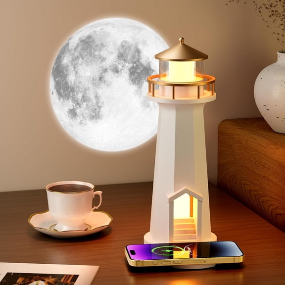Wireless Charging Lighthouse Night Light | Bluetooth Speaker + Sleep Aid Light with Moon Projection Function, Bedroom Decorative Lighting Gift