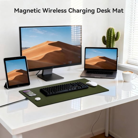Wireless Charging Mouse Pad, 15W Fast Charge Magnetic Charger Desk Pad, Large Office Desk Mat (23.4x15.6) with Ultra-Smooth Surface, Christmas Green Computer Mousepad for MacBook, PC, Laptop