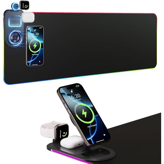 Wireless Charging Mouse Pad 15W RGB Gaming Mousepad Waterproof Desk Mat with Phone Holder 35.4''x11.8'' Extra Large Desk Pad Non-Slip Base Computer Keyboard Mat for PC Laptop, Black