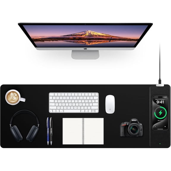 Wireless Charging Mouse Pad Black 31.5x11.81 Inch Non-Slip Gaming Desk Mat
