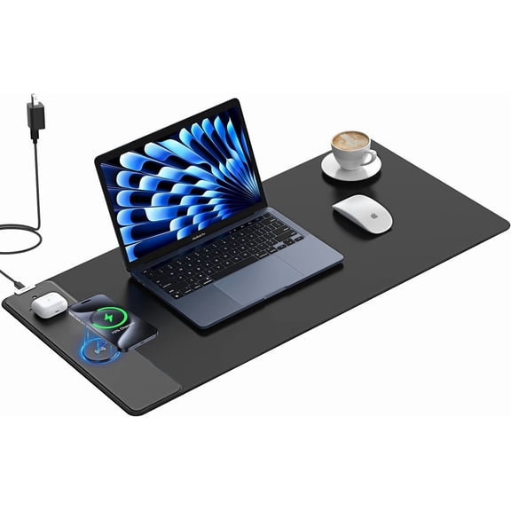 Wireless Charging Mouse Pad, Gaming Mousepad Home Office Large Desk Pad with Ultra-Smooth Surface, Non-Slip Base, Waterproof Keyboard Mat (Includes 20W PD Power Adapter & 6.56ft Woven Cable)