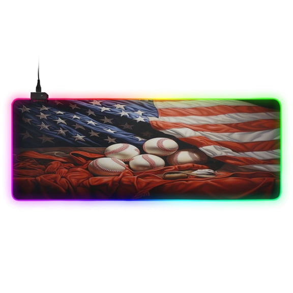 Wireless Charging Mouse Pad Large RGB Gaming Desk Mat 13 Light Modes Mousepad 31.5x11.8 American Flag and Baseball