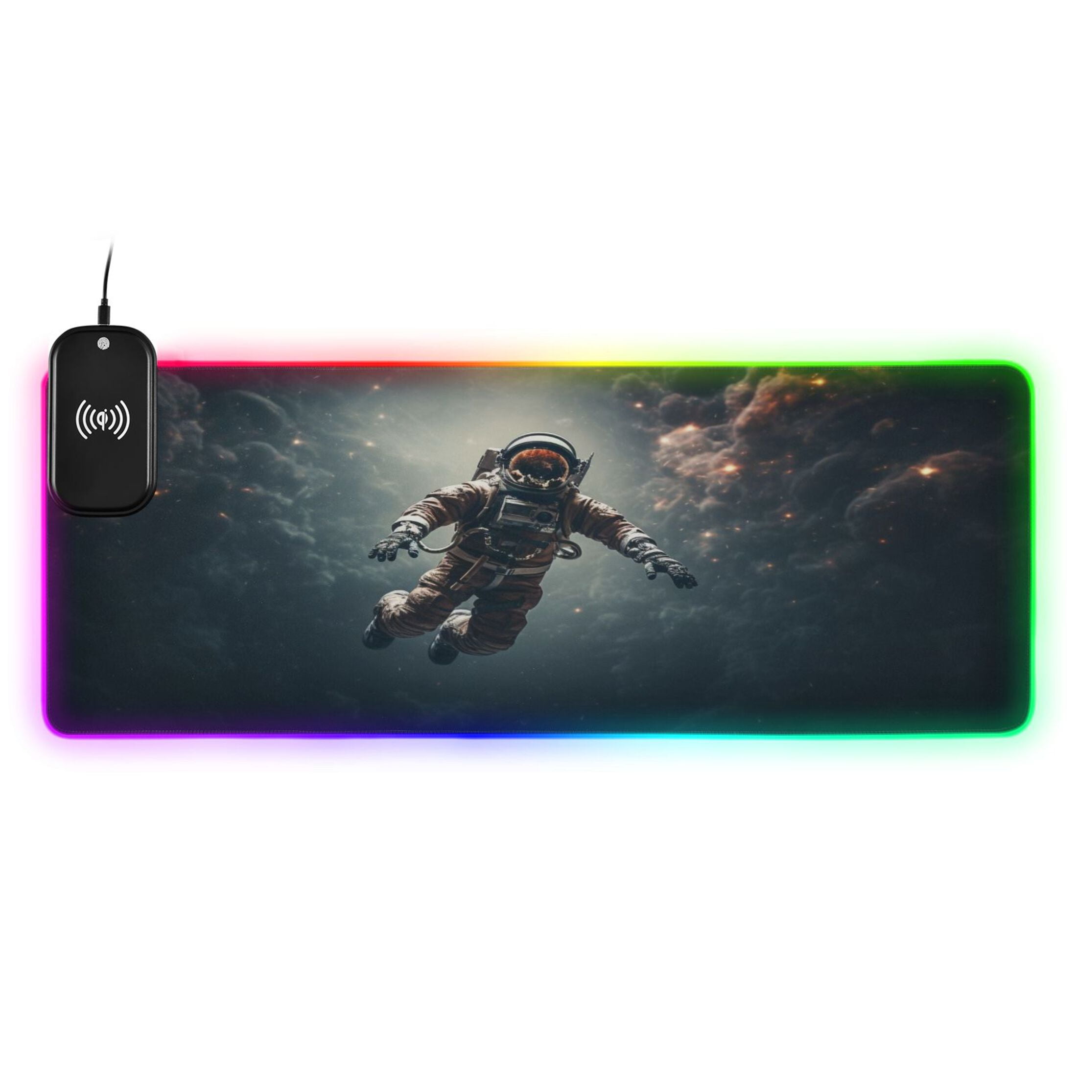 Wireless Charging Mouse Pad Large RGB Gaming Desk Mat 13 Light Modes Mousepad 31.5x11.8 Astronaut in Nebula