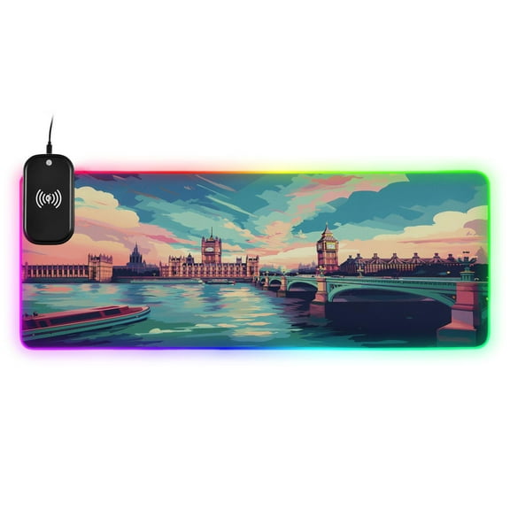 Wireless Charging Mouse Pad Large RGB Gaming Desk Mat 13 Light Modes Mousepad 31.5x11.8 Building Ship Sea Bridge