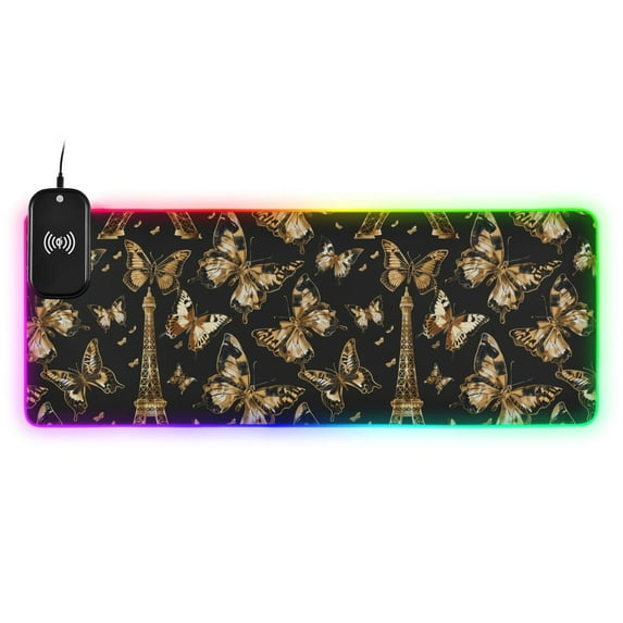 Wireless Charging Mouse Pad Large RGB Gaming Desk Mat 13 Light Modes Mousepad 31.5x11.8 Butterflies and Tower