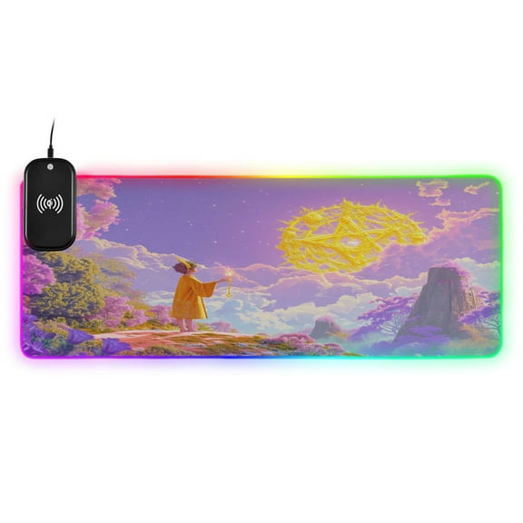 Wireless Charging Mouse Pad Large RGB Gaming Desk Mat 13 Light Modes Mousepad 31.5x11.8 Cartoon Boy with Staff