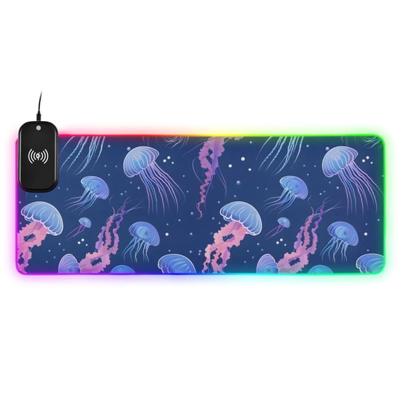 Wireless Charging Mouse Pad Large RGB Gaming Desk Mat 13 Light Modes Mousepad 31.5x11.8 Cartoon Jellyfishes in Sea