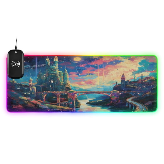 Wireless Charging Mouse Pad Large RGB Gaming Desk Mat 13 Light Modes Mousepad 31.5x11.8 Castle Bridge Starry Sky