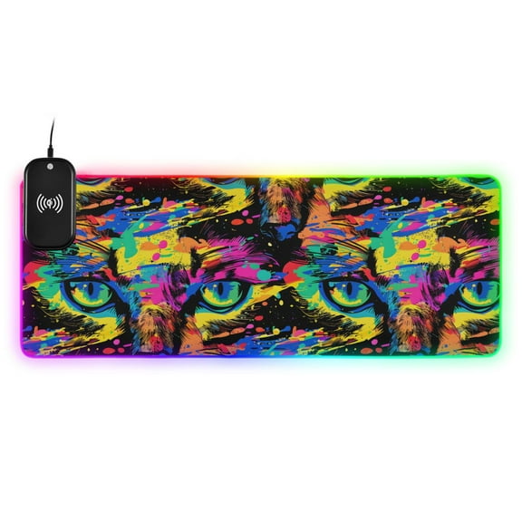 Wireless Charging Mouse Pad Large RGB Gaming Desk Mat 13 Light Modes Mousepad 31.5x11.8 Colorful Tiger Eyes