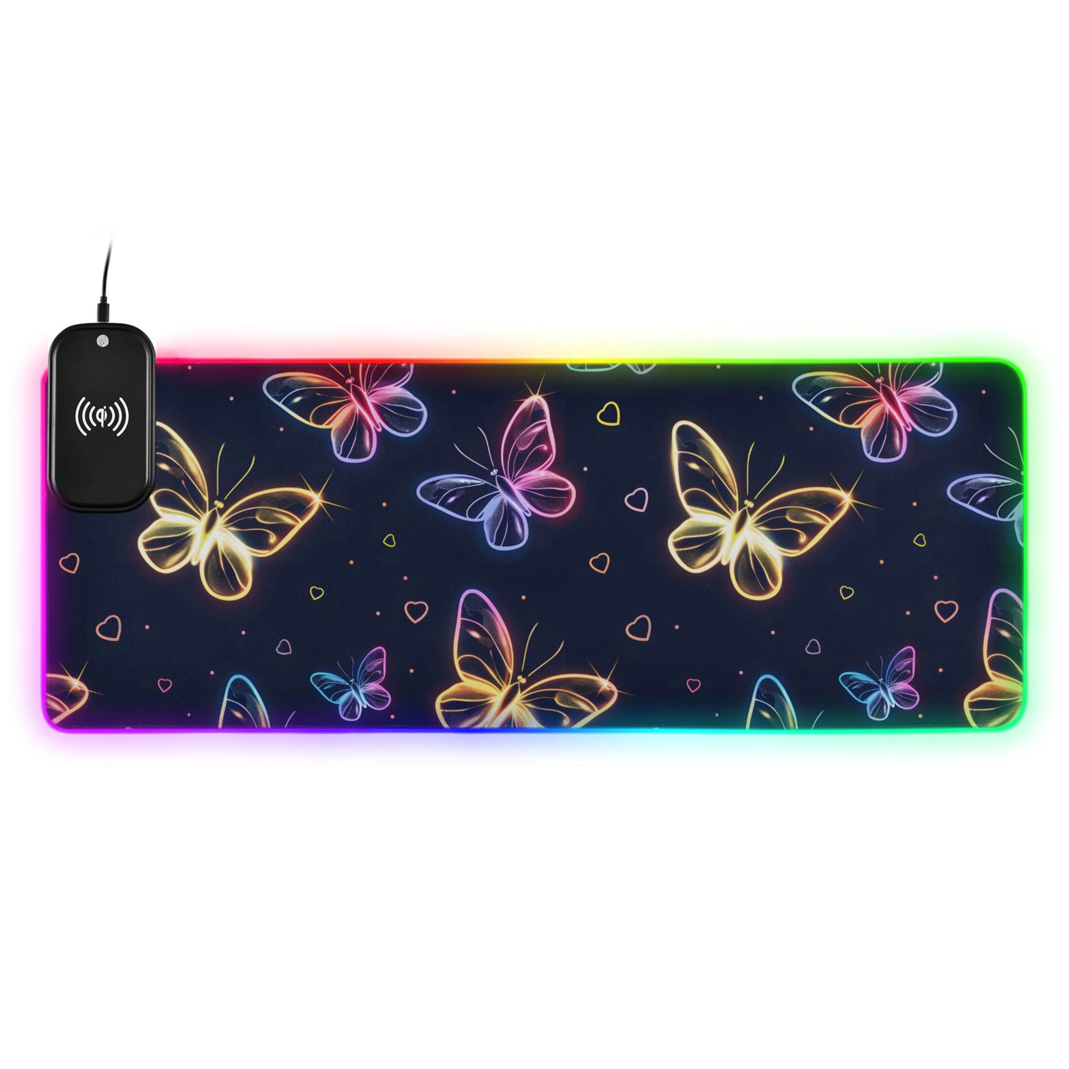 Wireless Charging Mouse Pad Large RGB Gaming Desk Mat 13 Light Modes Mousepad 31.5x11.8 Cute Neon Butterflies