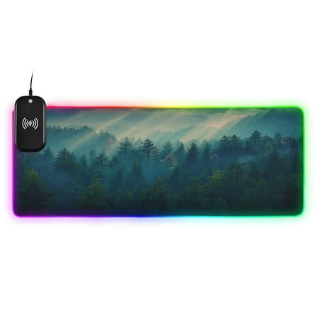 Wireless Charging Mouse Pad Large RGB Gaming Desk Mat 13 Light Modes Mousepad 31.5x11.8 Dense Forest