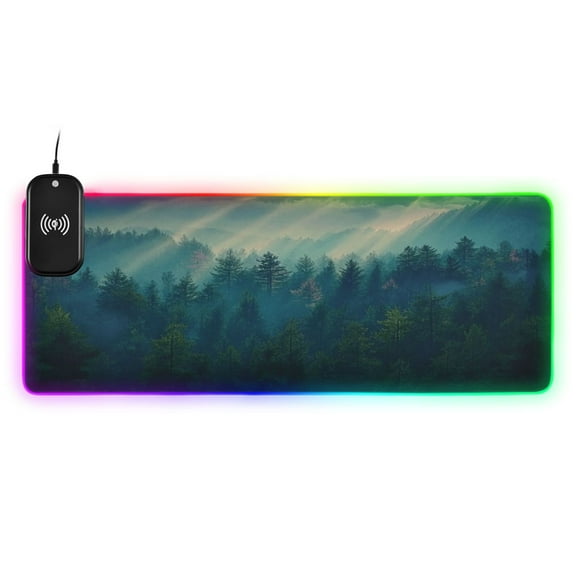 Wireless Charging Mouse Pad Large RGB Gaming Desk Mat 13 Light Modes Mousepad 31.5x11.8 Dense Forest