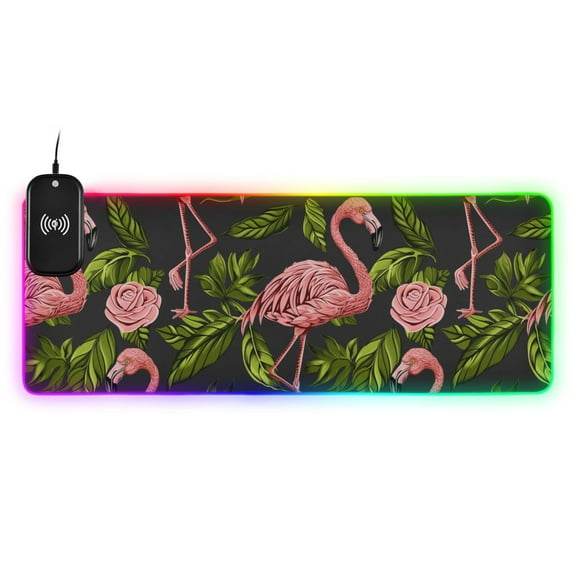 Wireless Charging Mouse Pad Large RGB Gaming Desk Mat 13 Light Modes Mousepad 31.5x11.8 Flamingo Leaves Rose