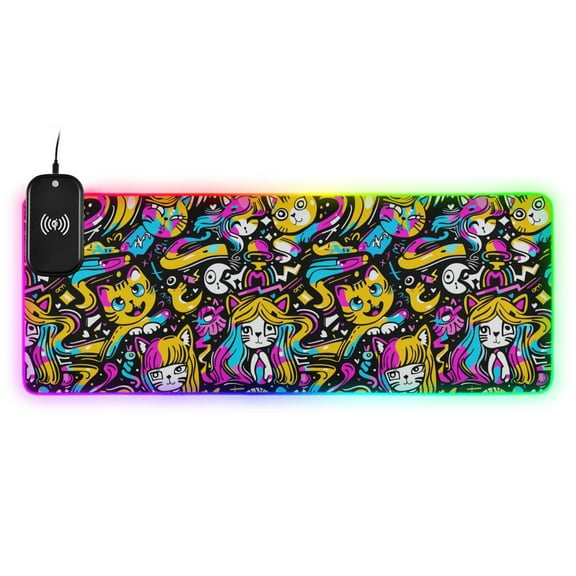 Wireless Charging Mouse Pad Large RGB Gaming Desk Mat 13 Light Modes Mousepad 31.5x11.8 Funny Cats with Long Hair