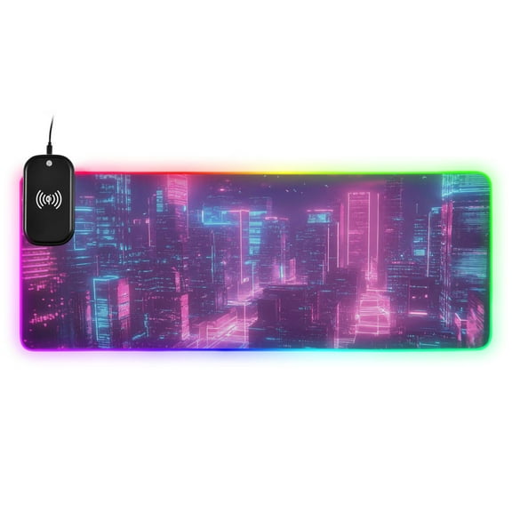 Wireless Charging Mouse Pad Large RGB Gaming Desk Mat 13 Light Modes Mousepad 31.5x11.8 Futuristic Cyberpunk City