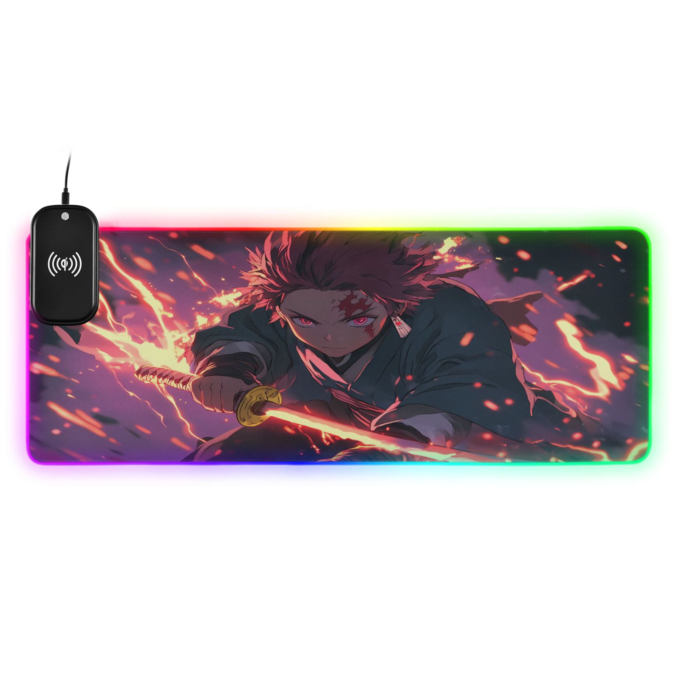 Wireless Charging Mouse Pad Large RGB Gaming Desk Mat 13 Light Modes Mousepad 31.5x11.8 Kamado Tanjirou Waving Sword