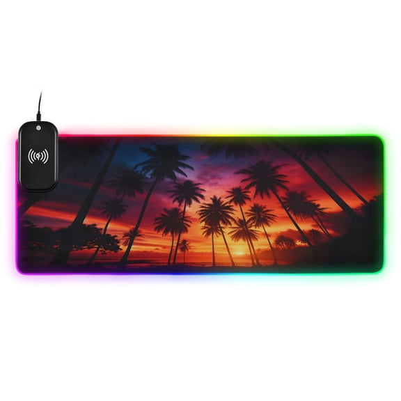 Wireless Charging Mouse Pad Large RGB Gaming Desk Mat 13 Light Modes Mousepad 31.5x11.8 Palm Trees During Sunset Time