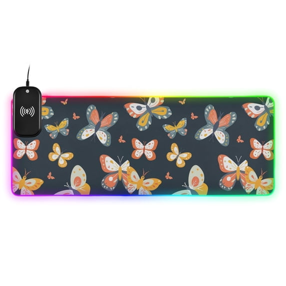 Wireless Charging Mouse Pad Large RGB Gaming Desk Mat 13 Light Modes Mousepad 31.5x11.8 Red Yellow Grey Butterflies