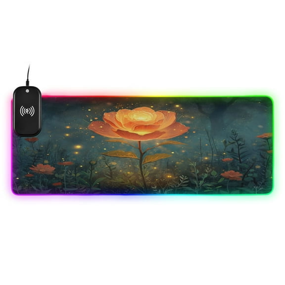 Wireless Charging Mouse Pad Large RGB Gaming Desk Mat 13 Light Modes Mousepad 31.5x11.8 Rose Flower with Fireflies