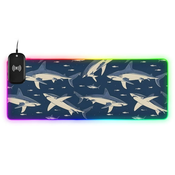 Wireless Charging Mouse Pad Large RGB Gaming Desk Mat 13 Light Modes Mousepad 31.5x11.8 Sharks and Fish Swimming