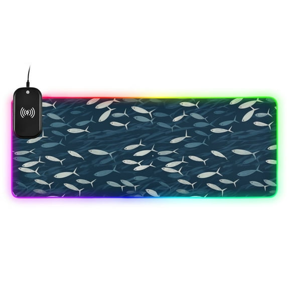 Wireless Charging Mouse Pad Large RGB Gaming Desk Mat 13 Light Modes Mousepad 31.5x11.8 Small Fish Swimming