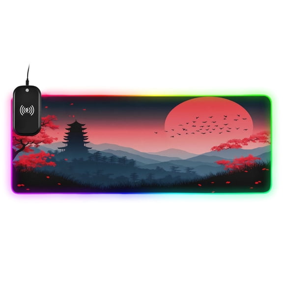 Wireless Charging Mouse Pad Large RGB Gaming Desk Mat 13 Light Modes Mousepad 31.5x11.8 Sun Tower Cherry Mountains