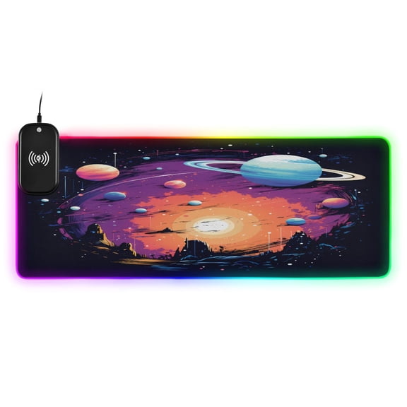 Wireless Charging Mouse Pad Large RGB Gaming Desk Mat 13 Light Modes Mousepad 31.5x11.8 Sun and Planet