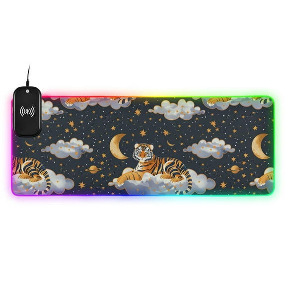Wireless Charging Mouse Pad Large RGB Gaming Desk Mat 13 Light Modes Mousepad 31.5x11.8 Tiger on Cloud