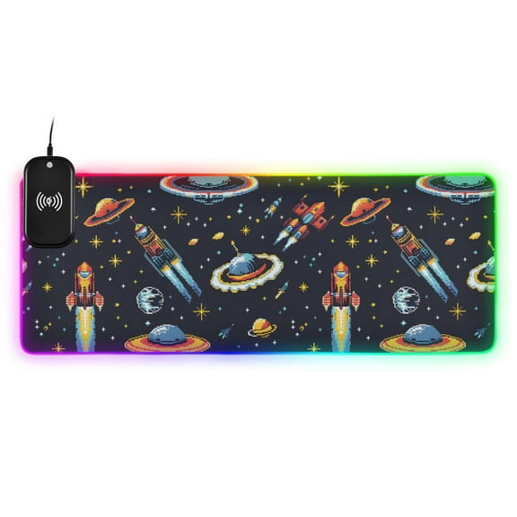 Wireless Charging Mouse Pad Large RGB Gaming Desk Mat 13 Light Modes Mousepad 31.5x11.8 Ufo Spaceships Star