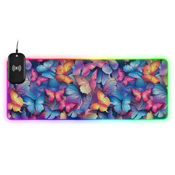 Wireless Charging Mouse Pad Large RGB Gaming Desk Mat 13 Light Modes Mousepad 31.5x11.8 Vibrant Butterflies
