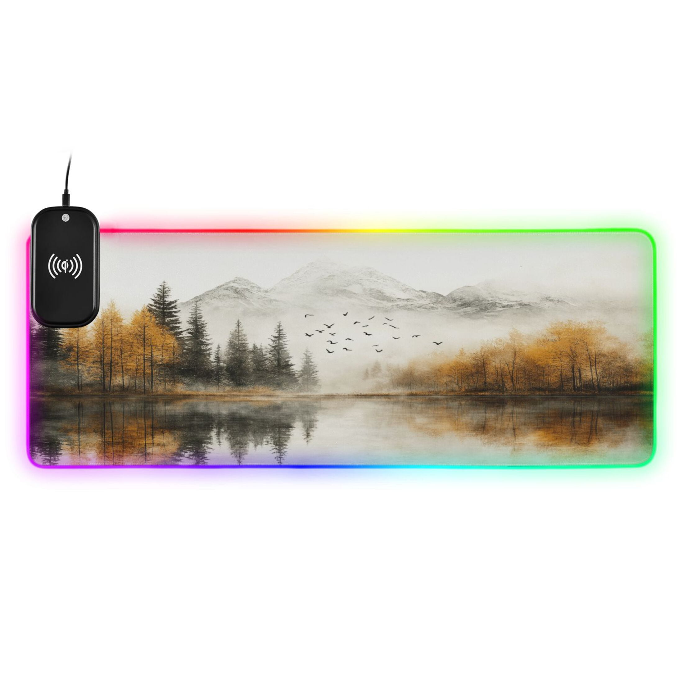 Wireless Charging Mouse Pad Large RGB Gaming Desk Mat 13 Light Modes Mousepad 35.4x15.7 Autumn Misty Mountains