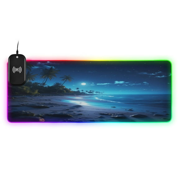Wireless Charging Mouse Pad Large RGB Gaming Desk Mat 13 Light Modes Mousepad 35.4x15.7 Beach in Night