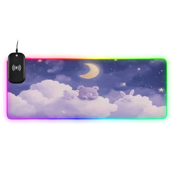 Wireless Charging Mouse Pad Large RGB Gaming Desk Mat 13 Light Modes Mousepad 35.4x15.7 Bear Rabbit Cloud Moon
