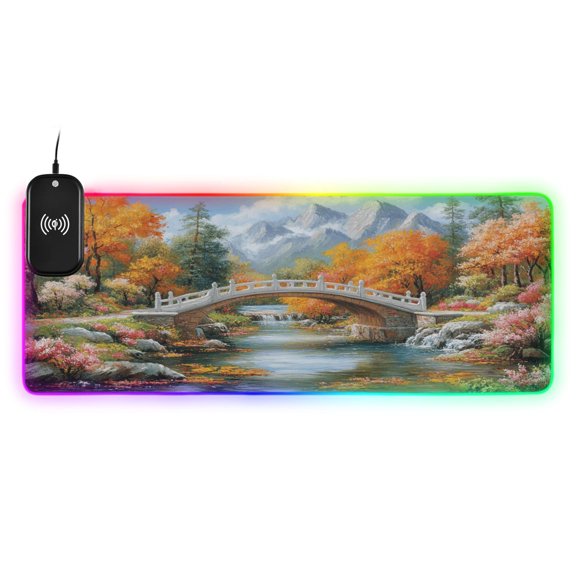 Wireless Charging Mouse Pad Large RGB Gaming Desk Mat 13 Light Modes Mousepad 35.4x15.7 Bridge on Forests
