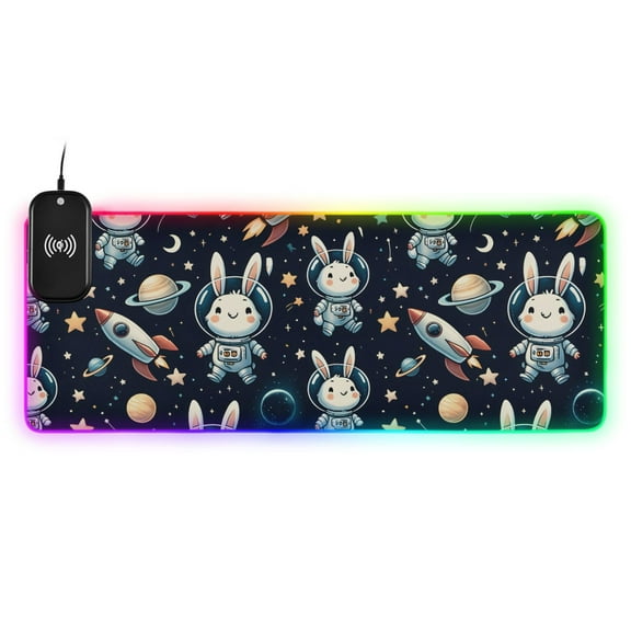 Wireless Charging Mouse Pad Large RGB Gaming Desk Mat 13 Light Modes Mousepad 35.4x15.7 Cartoon Rabbit Astronaut